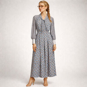 Nine West Dress Women XL Blue Retro 80s Long Sleeve Maxi Tie Neck Karen Wheeler